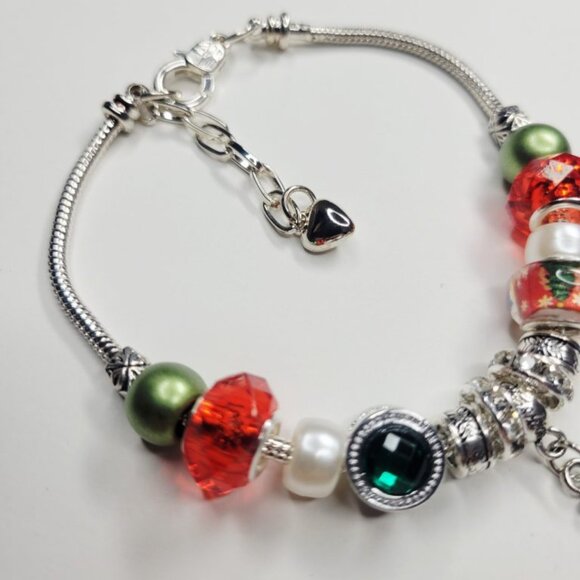 NWT Pandora Style Charm Bracelet Christmas Tree Green Red Silver Beads Star – XL - Picture 2 of 5